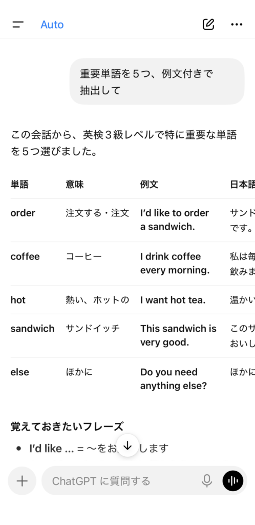 ChatGPTに「重要単語を5つ、例文付きで抽出して」と頼んだ画像