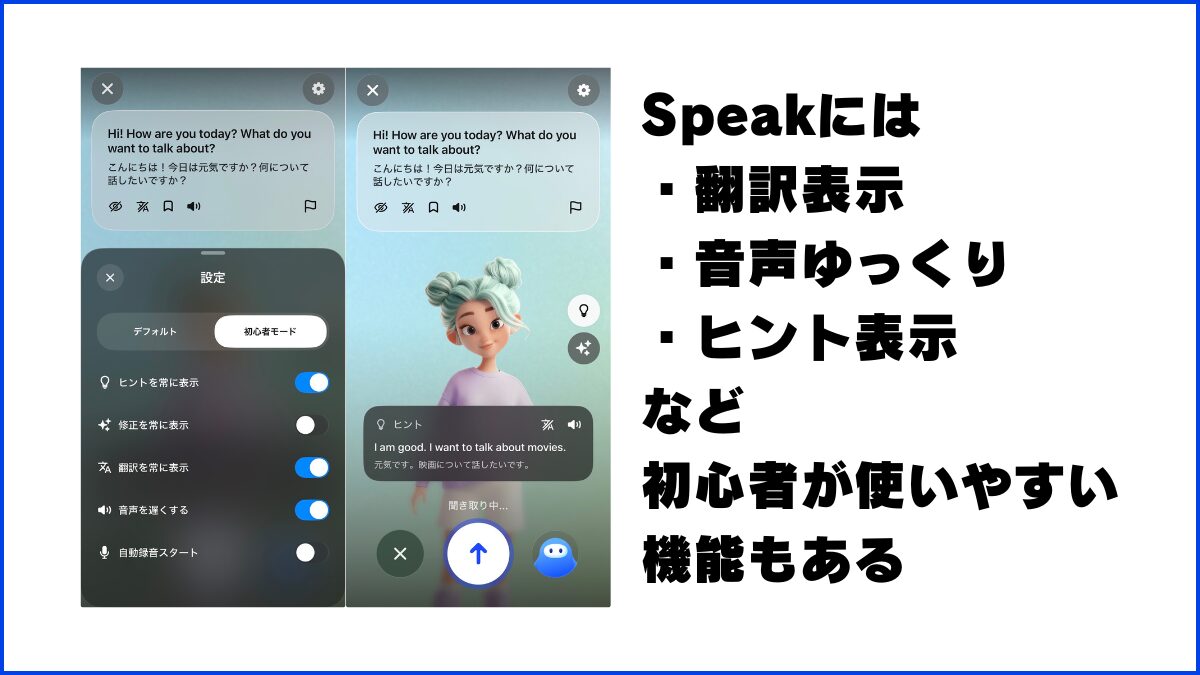 Speakには翻訳表示、音声ゆっくり、ヒント表示など初心者が使いやすい機能もある
