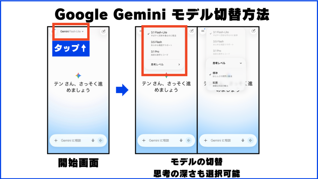 Google Gemini モデル切替方法 手順を画像で解説 思考の深さも選択可能