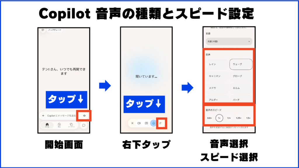 Microsoft Copilot 音声の選択 音声のスピードを変えるやり方 画像で手順を解説