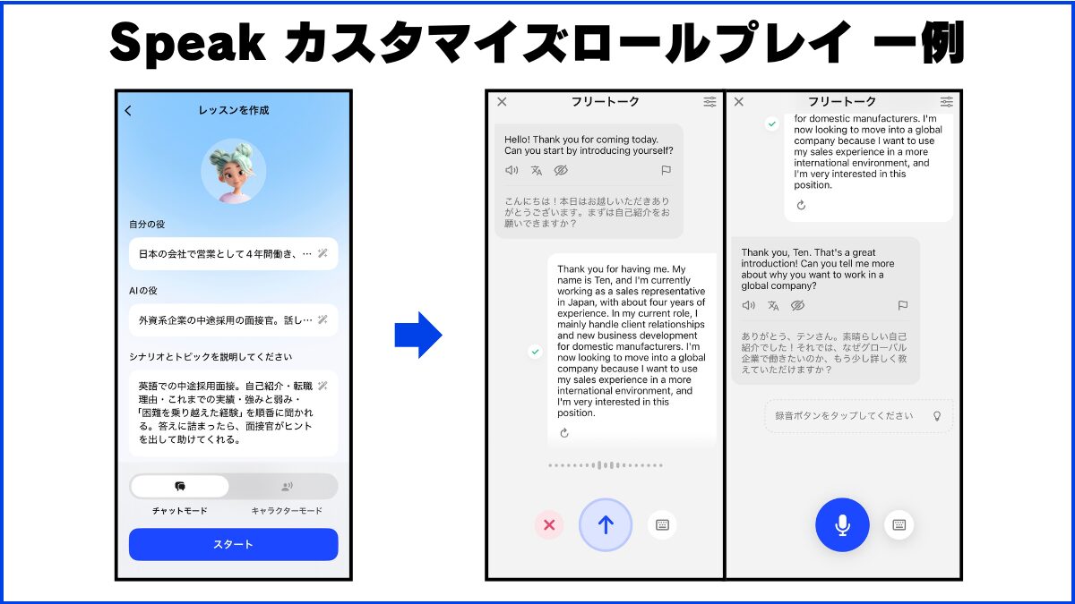 speak カスタマイズロールプレイ 一例 AI：Hello! Thank you for coming today. Can you start by introducing yourself? 僕：Thank you for having me. My name is Ten, and I'm currently working as a sales representative in Japan, with about four years of experience. In my current role, I mainly handle client relationships and new business development for domestic manufacturers. I'm now looking to move into a global company because I want to use my sales experience in a more international environment, and I'm very interested in this position. AI：Thank you, Ten. That's a great introduction! Can you tell me more about why you want to work in a global company?